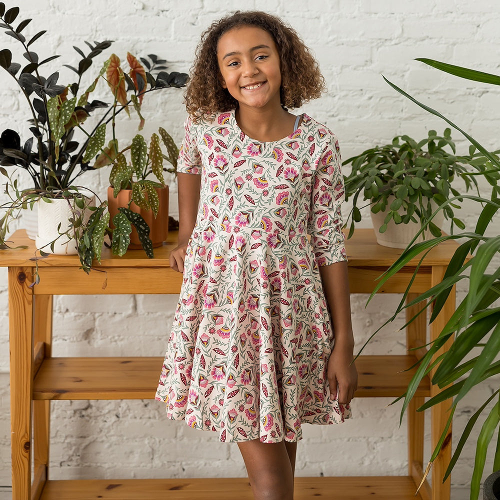 Kids Organic Cotton 3/4 Sleeve Twirl Dress: Folk Floral