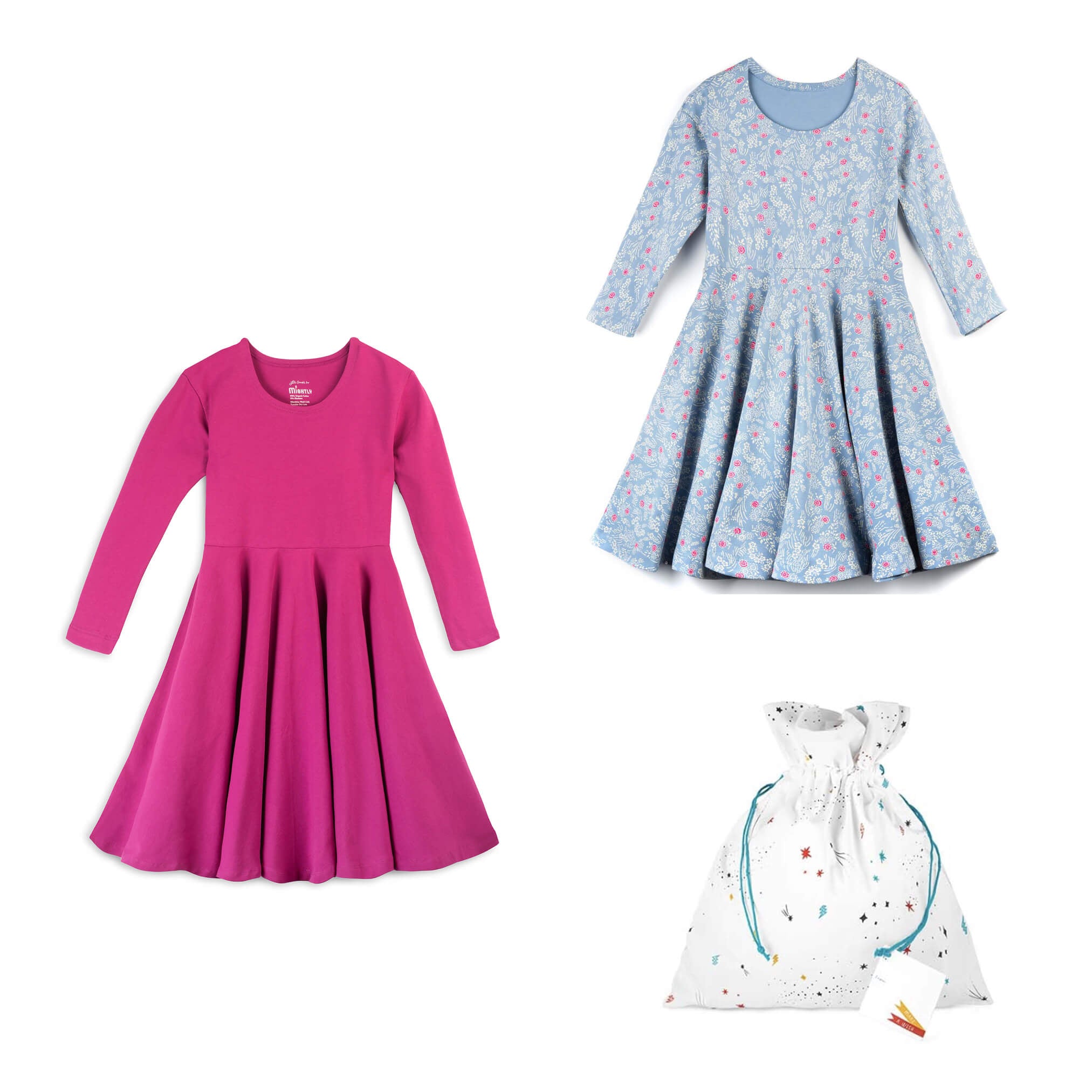 Gift Set: Two Holiday Twirl Dresses with a Reusable Fabric Gift Bag