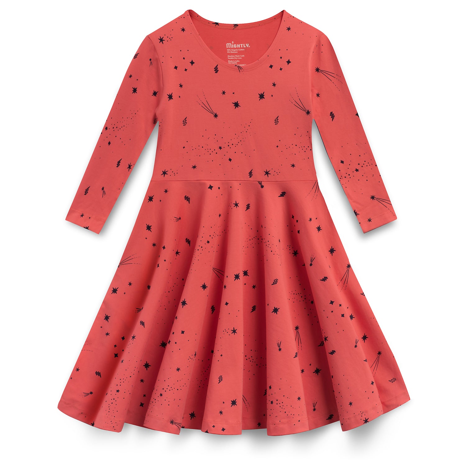 Kids Organic Cotton 3/4 Sleeve Twirl Dress: Coral Shooting Star