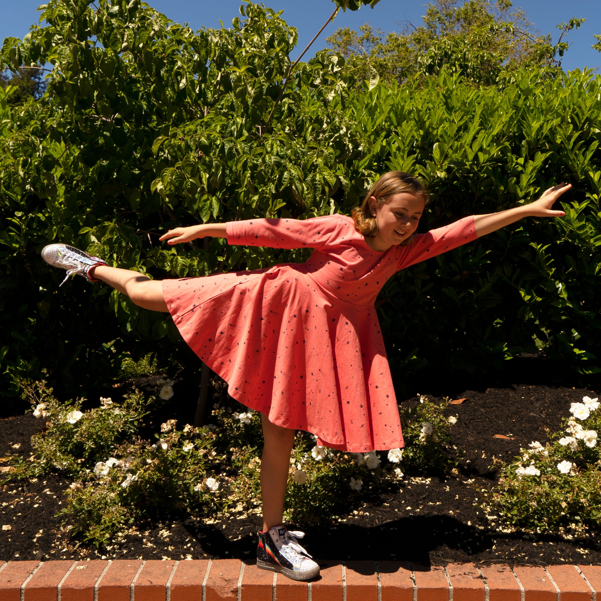 Kids Organic Cotton 3/4 Sleeve Twirl Dress: Coral Shooting Star